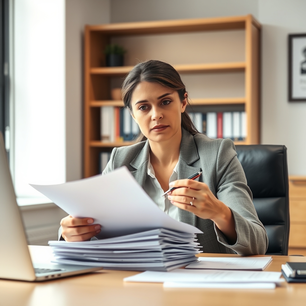 A human resources professional sitting at a tidy desk reviewing a thick stack of printed documents, pen in hand, express