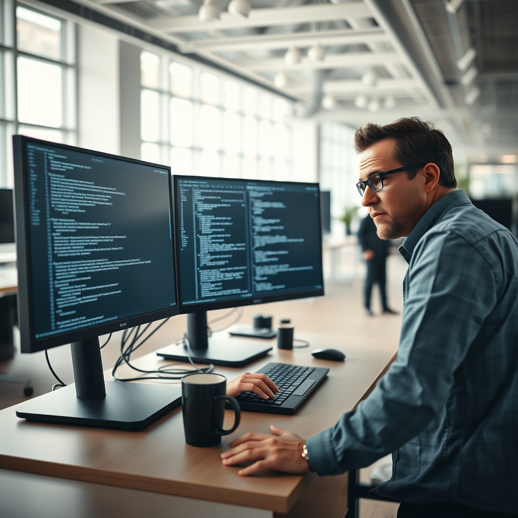 A software engineer at a standing desk in a modern open-plan office, leaning forward and studying two large monitors dis