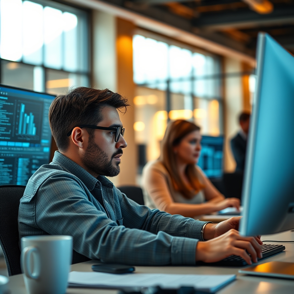 A forward-deployed engineer working at a client's open-plan office, reviewing architecture on dual monitors while a busi