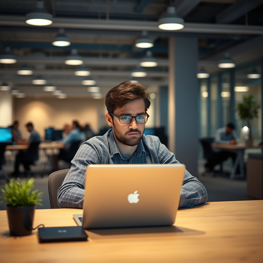 A software engineer sitting alone at a laptop in a quiet, warmly lit open-plan office, expression thoughtful and slightl