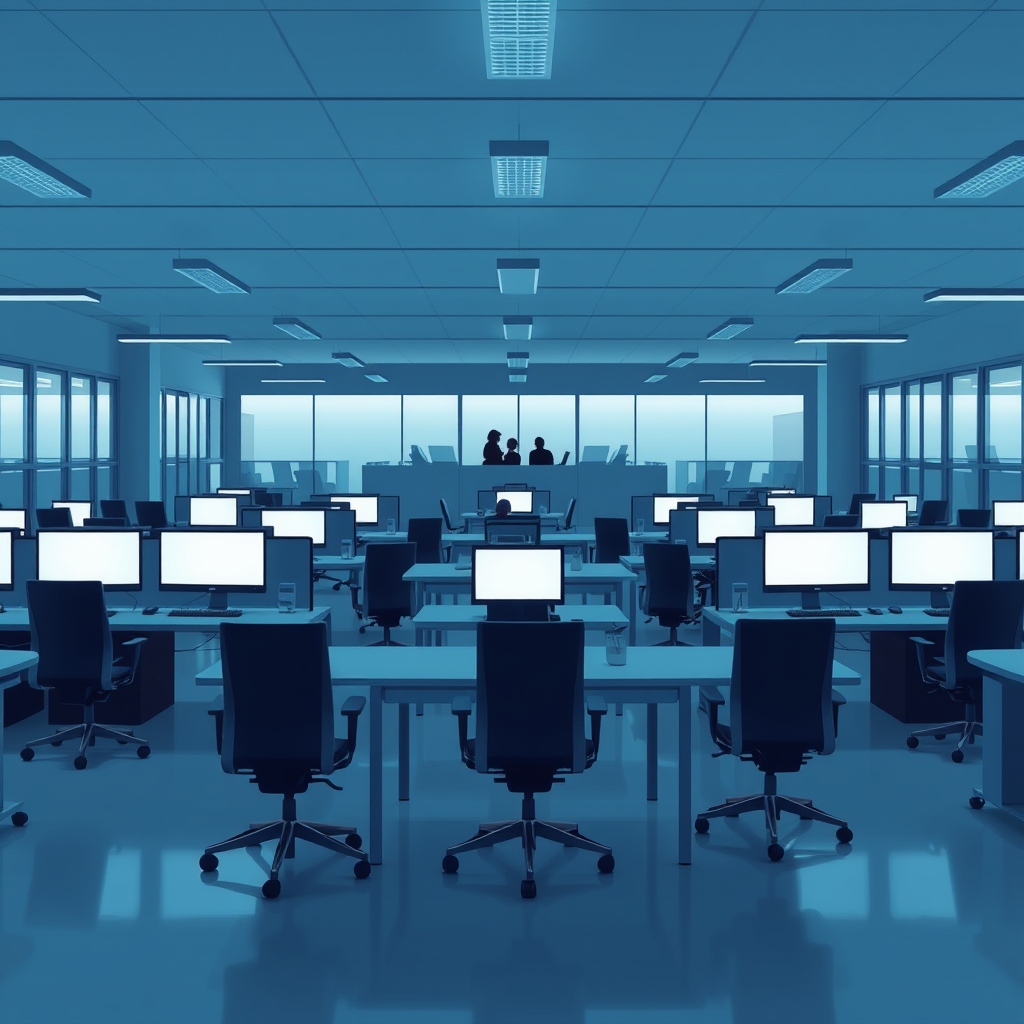 A large open-plan office with most desks empty and chairs pushed in, a small cluster of engineers working intently at il