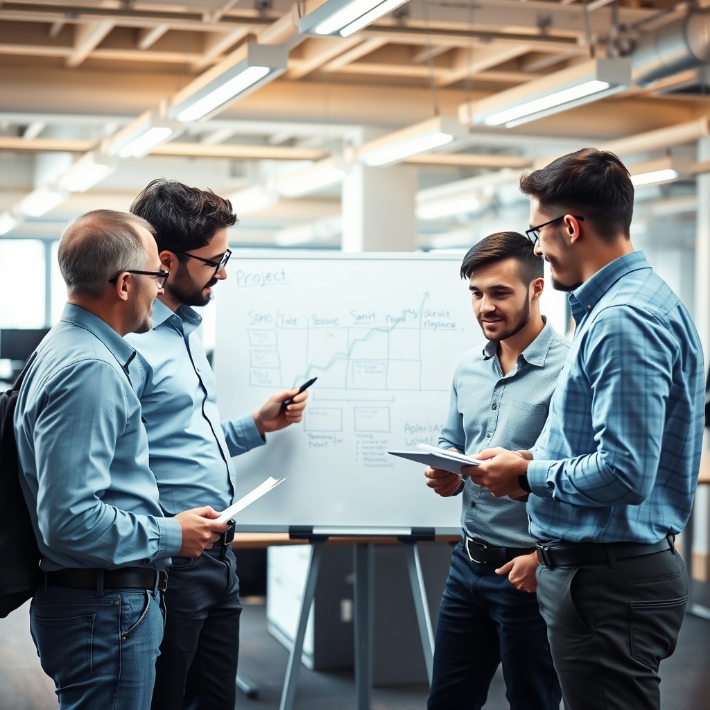 Four engineers gathered around a whiteboard in a modern open-plan office, one person sketching a project timeline while