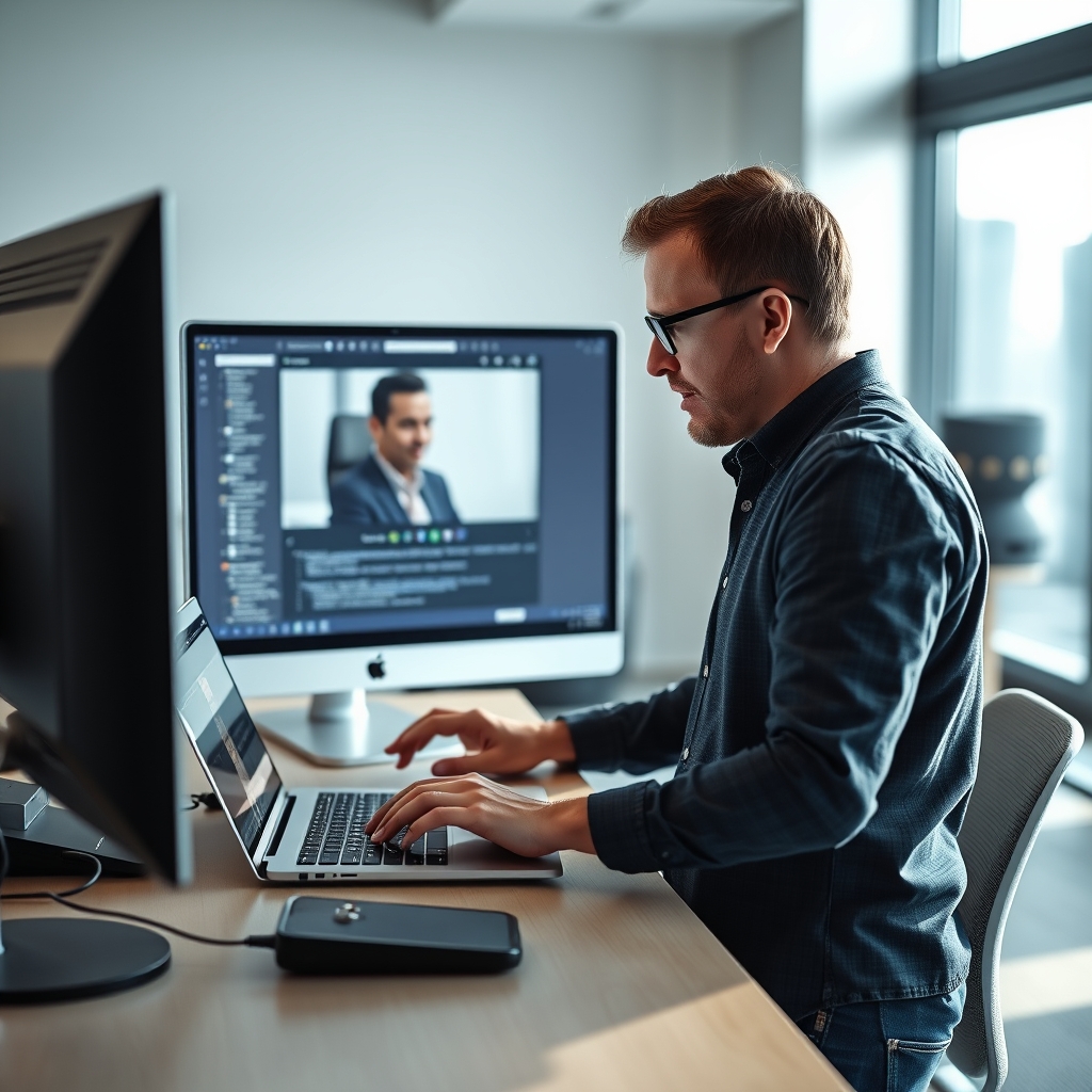 A mid-career engineer at a standing desk troubleshooting a live deployment on a laptop while a client appears on video c