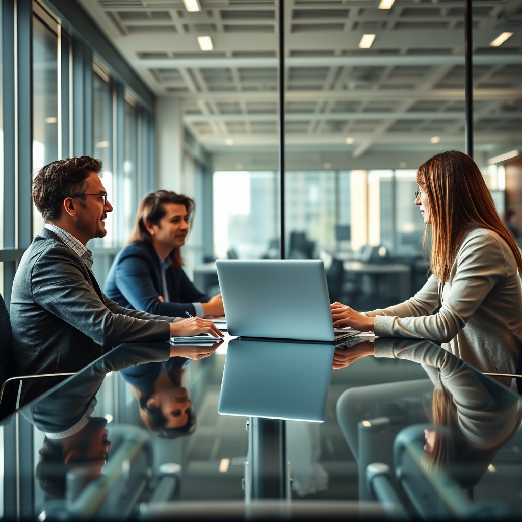 A hiring manager and a software engineer sitting across from each other at a glass conference table in a modern tech off