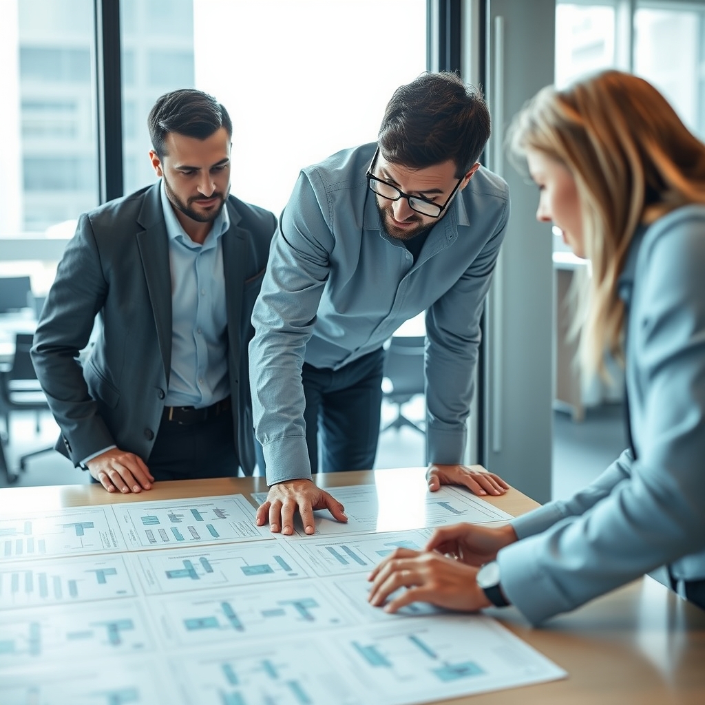 An engineer in business-casual attire leaning forward over a table covered with printed workflow diagrams while explaini