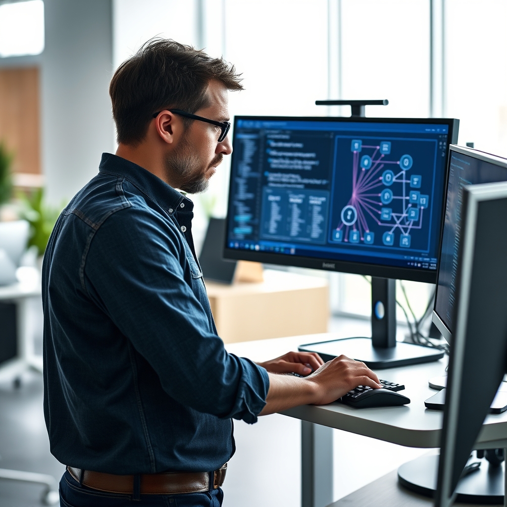 A senior engineer at a standing desk in a modern open-plan office, reviewing code on dual monitors, one screen showing a
